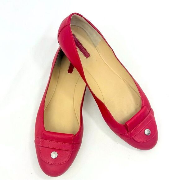 Longchamp Red Leather Logo Snap Toe Italian Made Slip On Classic Ballet Flats - Picture 3 of 15